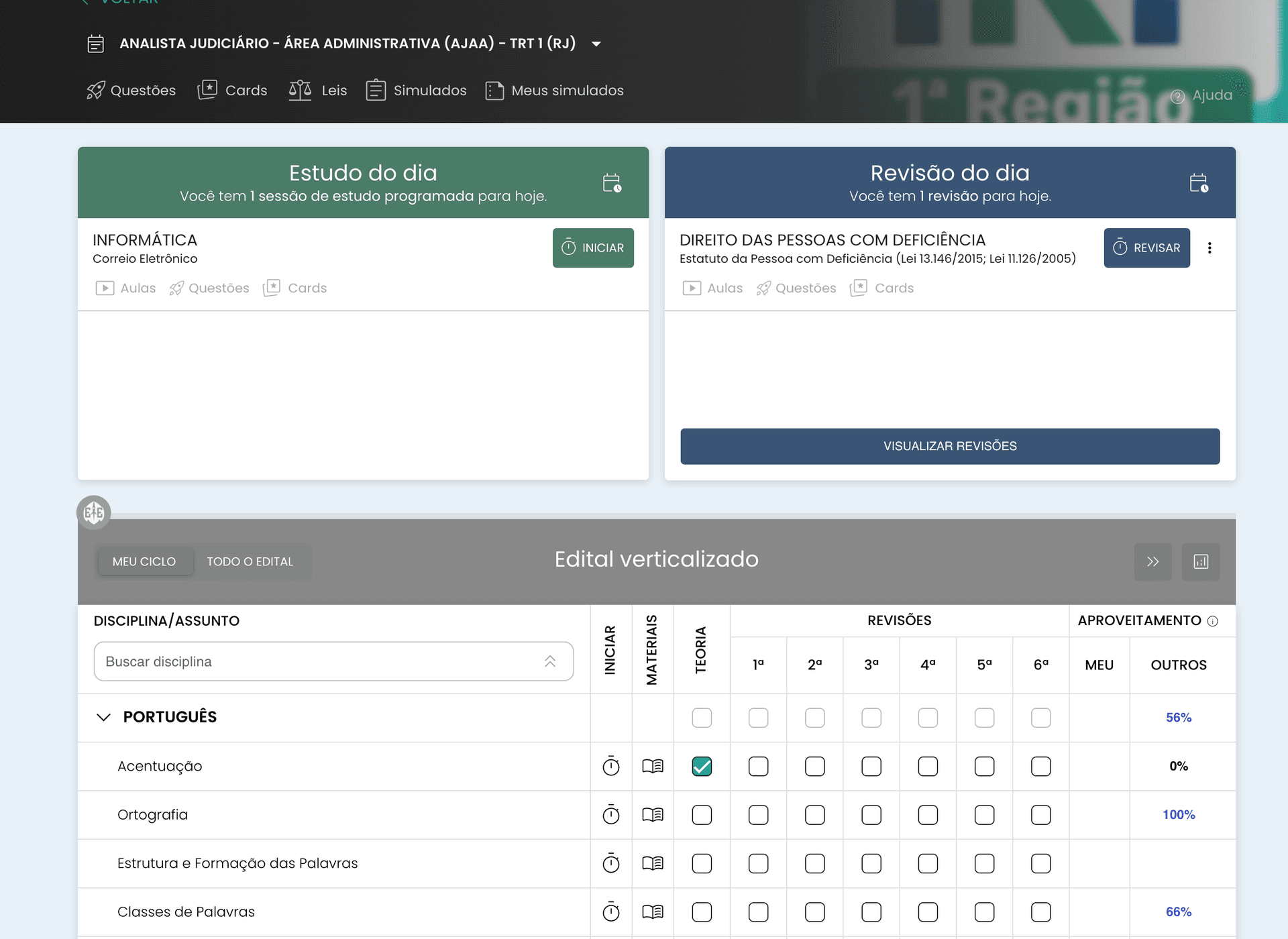 Dashboard do cronograma de estudos com sessão do dia, revisão e edital verticalizado.