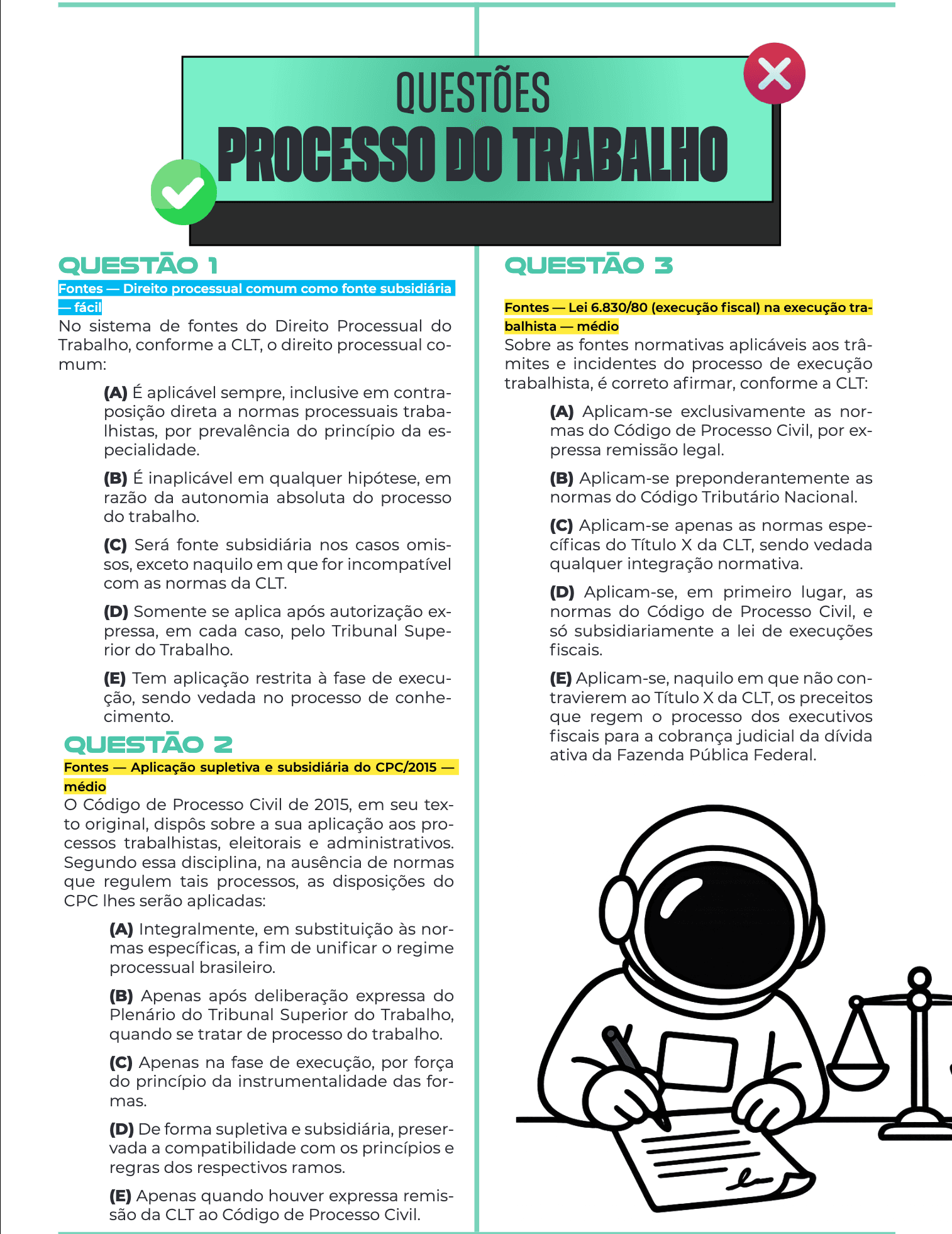 Página interna de uma prova de Processo do Trabalho com 3 questões e gabarito.
