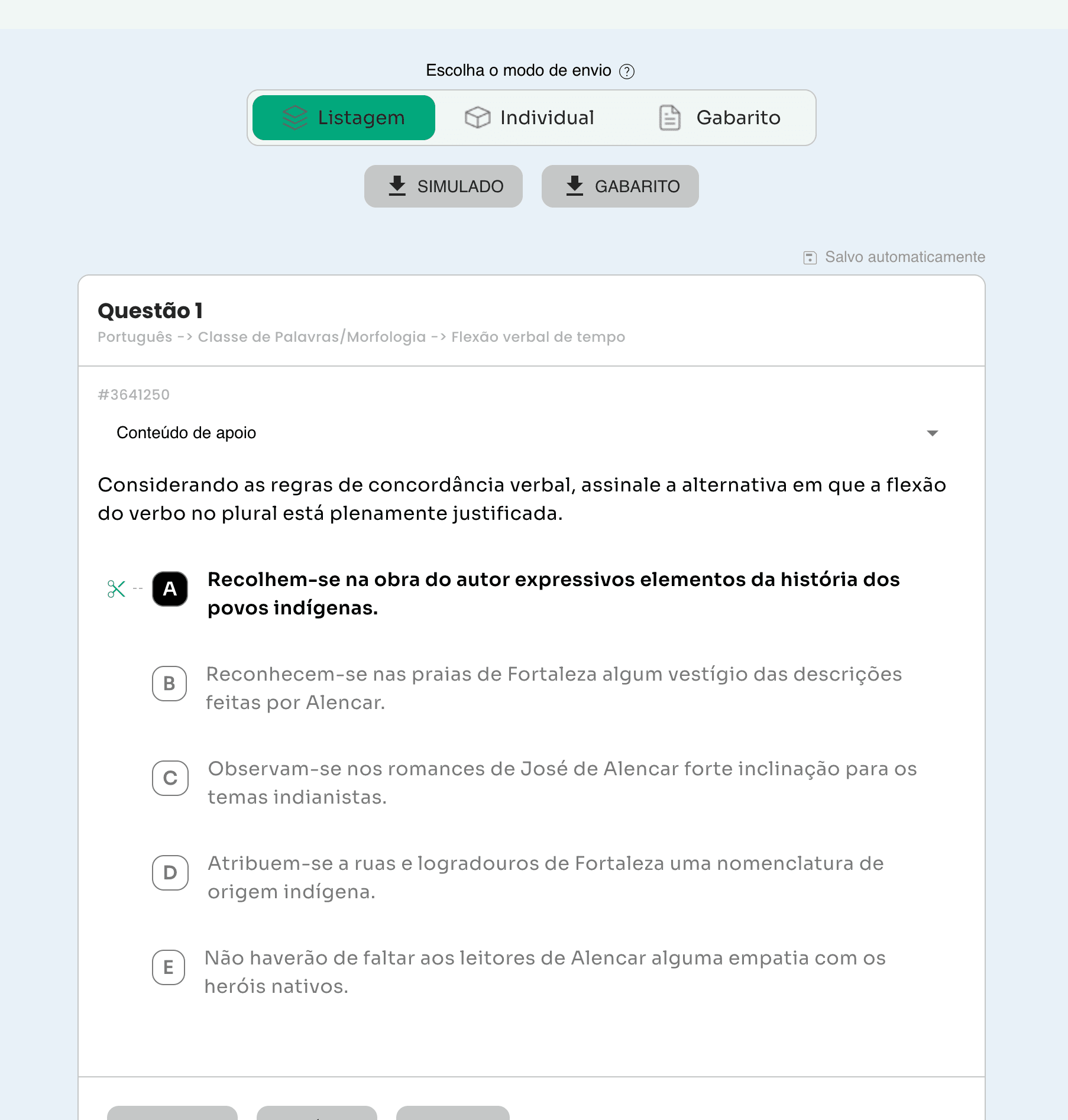 Interface de exportação do simulado com opções Listagem, Individual e Gabarito.